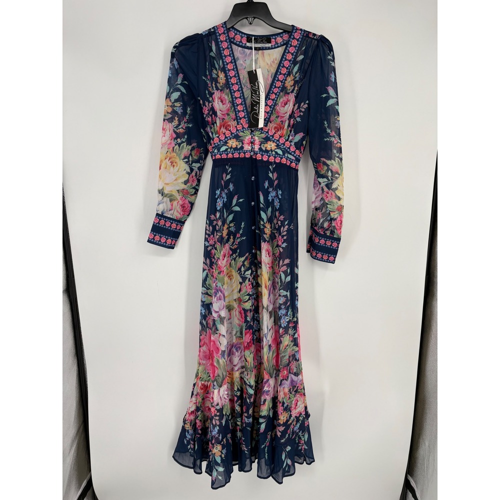 Dalia MacPhee Dress Womens S Blue Floral Sheer Chiffon V-Neck Maxi Long Sleeve
